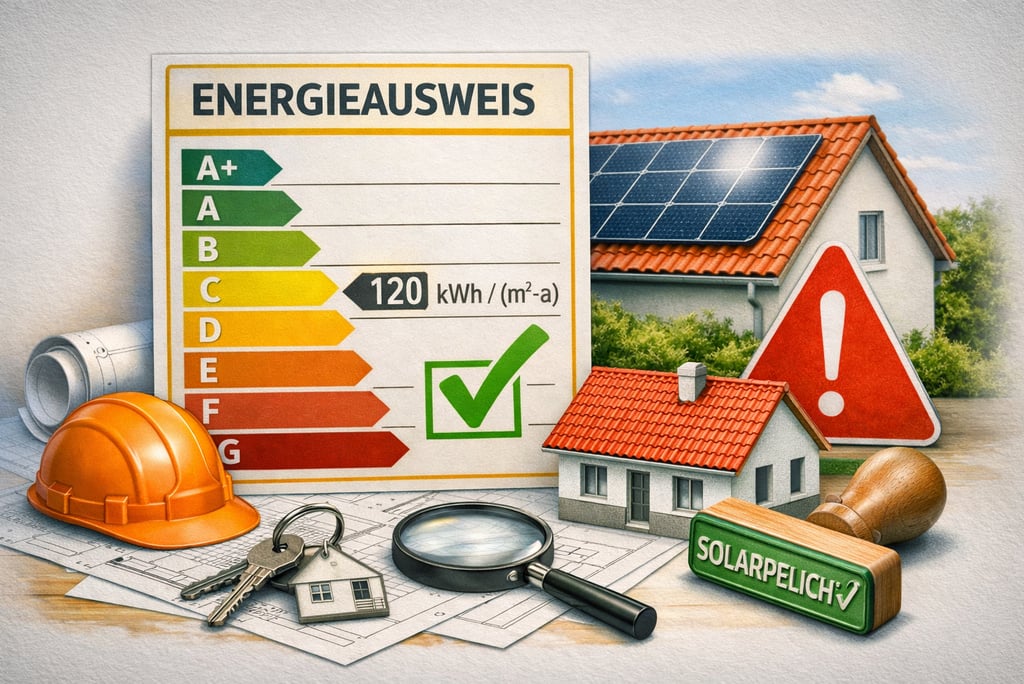 Energieausweis mit Effizienzskala, Schlüsselbund, Lupe und Modellhaus auf Bauplänen.