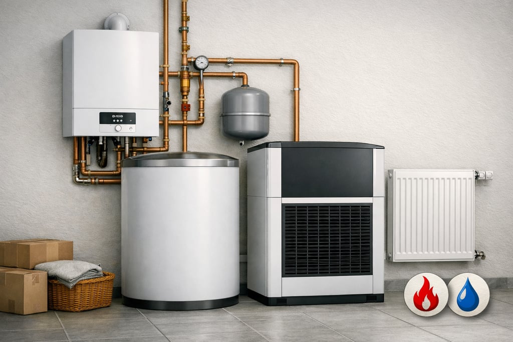 „Moderne Heizungsanlage mit Brennwertkessel, Wärmepumpe und Warmwasserspeicher in Technikraum.“