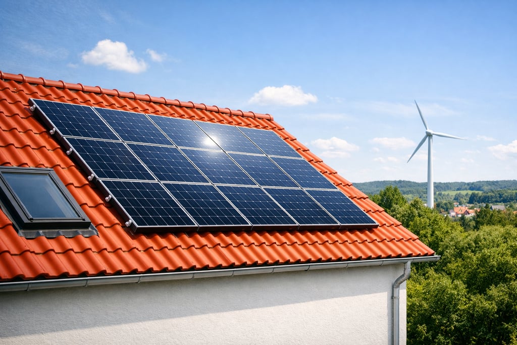 „Photovoltaikanlage auf deutschem Wohnhaus mit roten Dachziegeln bei Sonnenschein, 