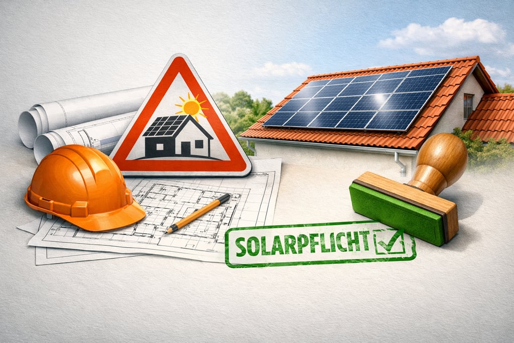 Symbolbild zur Solarpflicht: Baupläne, Helm und Stempel mit ‚SOLARPFLICHT‘ und Häkchen vor Solardach