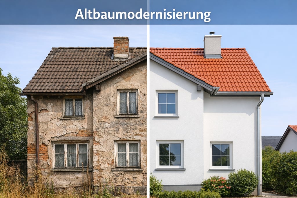 linke Seite unsaniert, rechte Seite modernisiert (Fassade, Dach, Fenster).