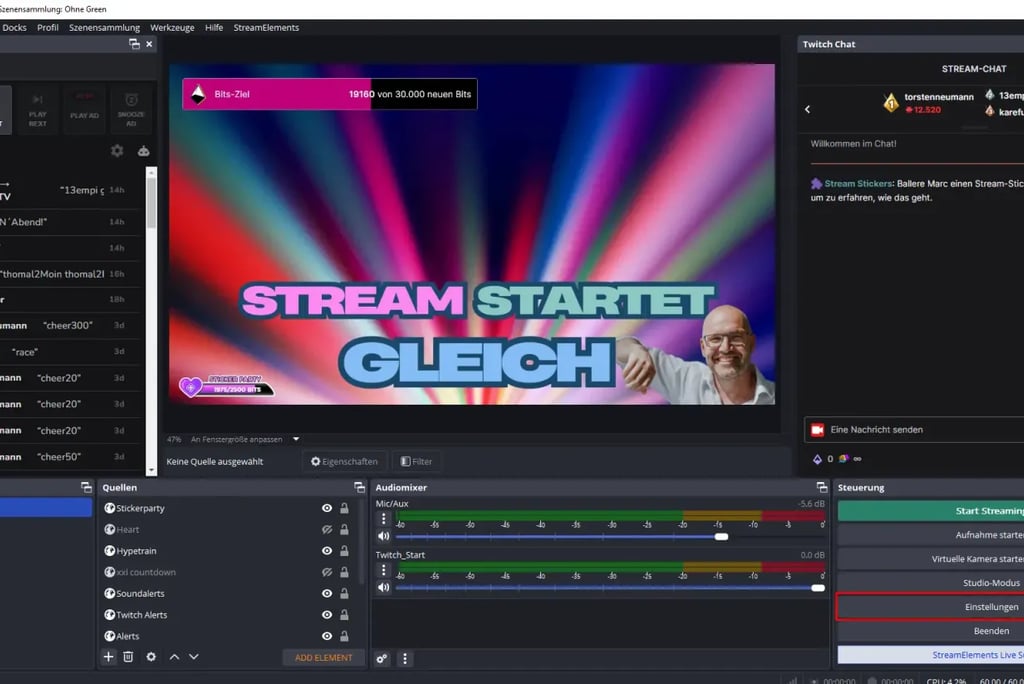 OBS Studio software interface showing a Twitch stream starting soon screen with German text and audio mixer.