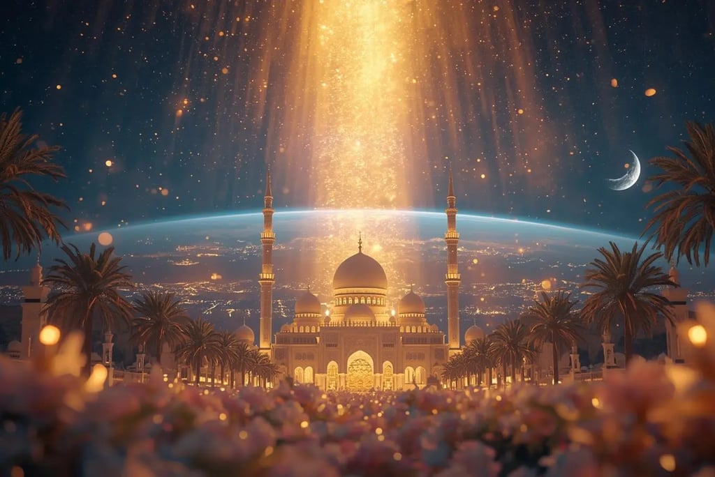 Cinematic Ramadan night with mosque, crescent moon and stars representing the sacred and peaceful night of Laylat al-Qadr