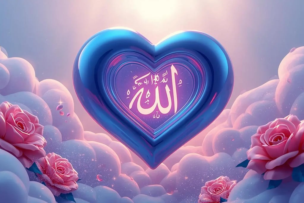 Glowing heart with Allah in Arabic calligraphy floating in the sky above a paradise garden with flower