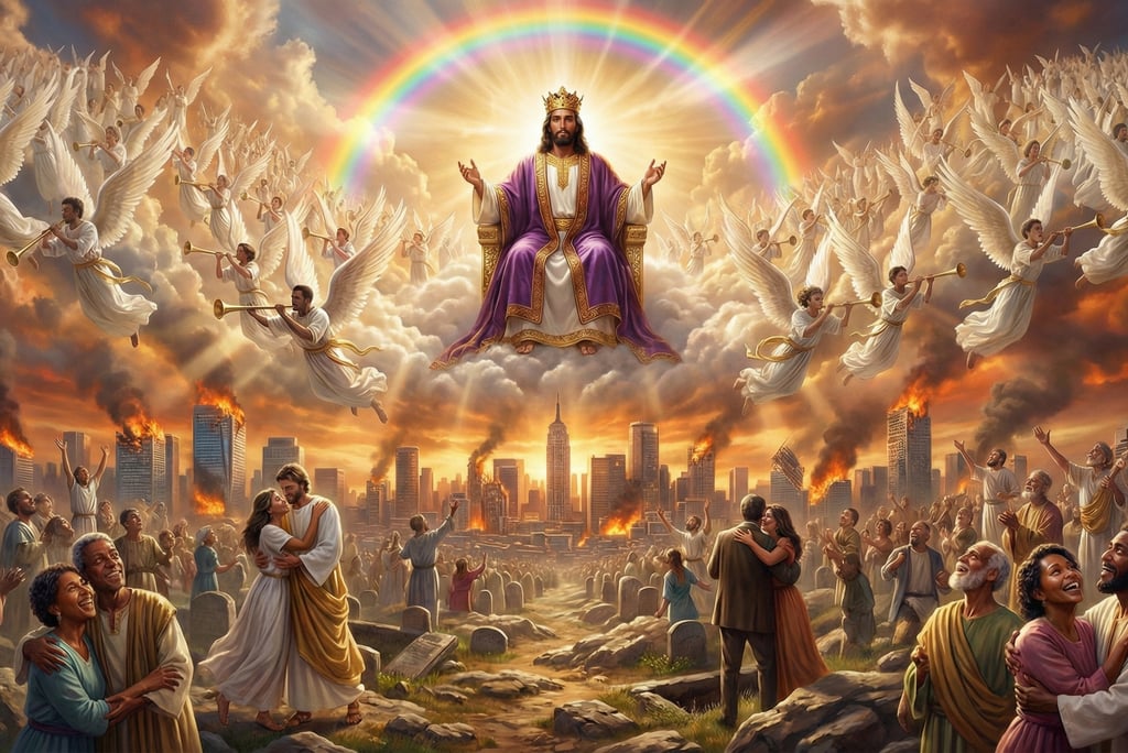 Jesus Christ seated on a heavenly throne with a rainbow and angels above a burning city during the second coming.