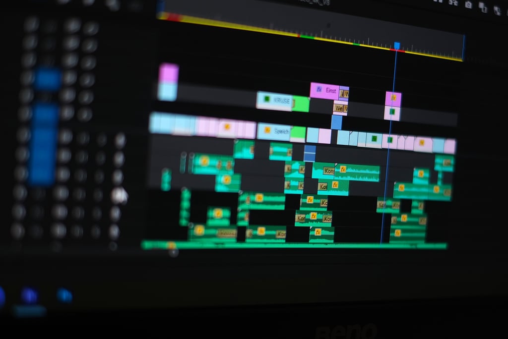 Professional video editing software timeline with color-coded audio and video tracks on a computer monitor.