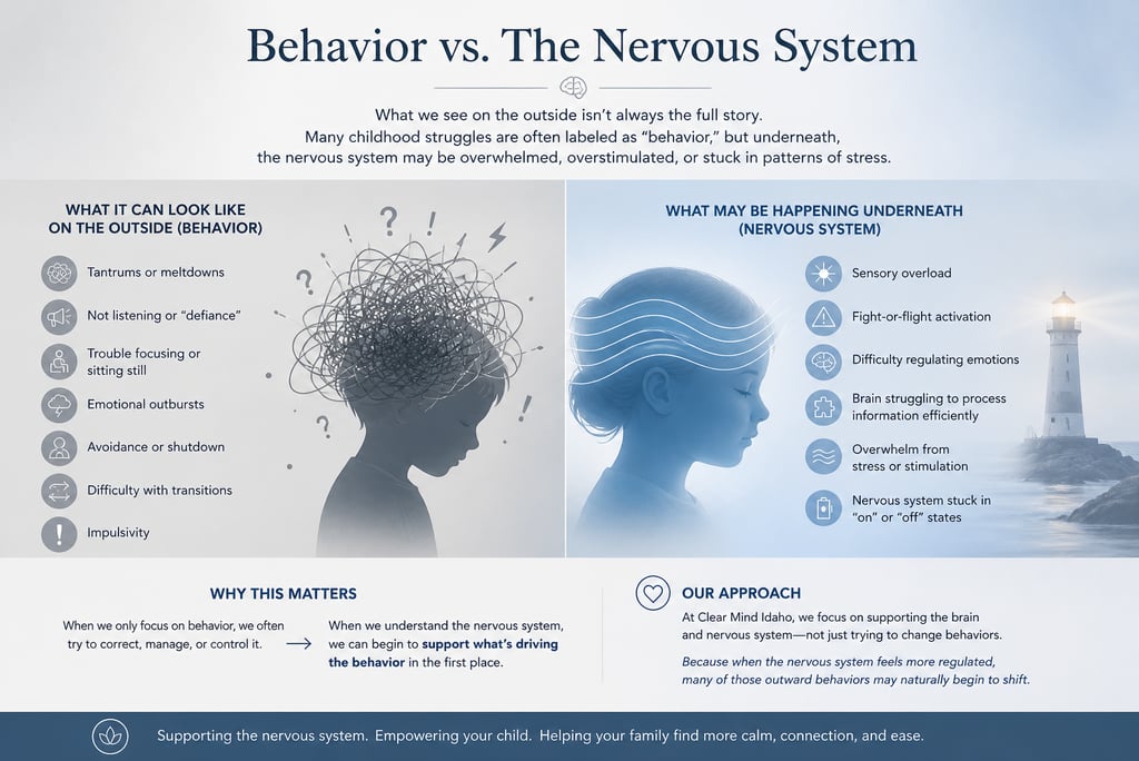 Behavior vs nervous system visual showing child overwhelm compared to calm regulated state
