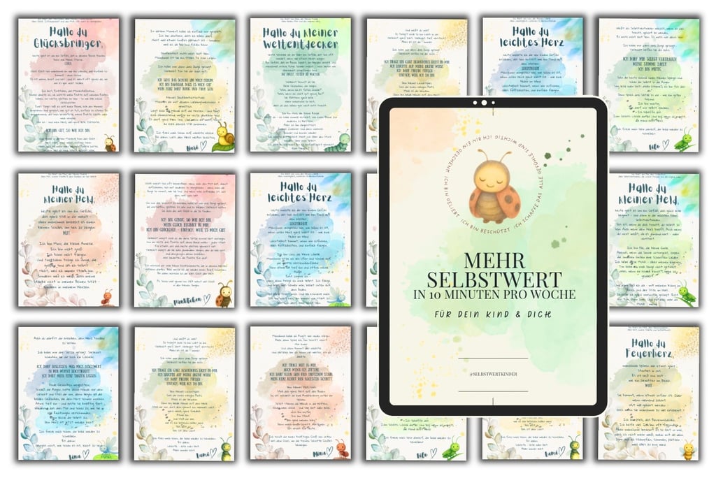 Digital self-esteem cards for children featuring watercolor illustrations and positive affirmations for kids.