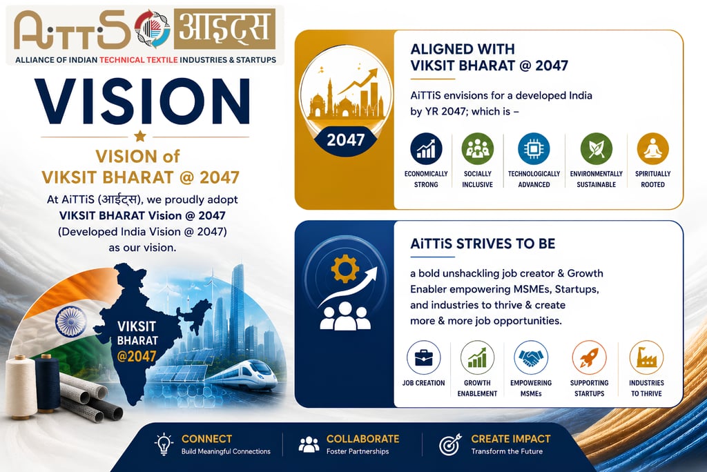 AiTTIS vision infographic for Viksit Bharat 2047 featuring technical textile industry goals and MSME growth.