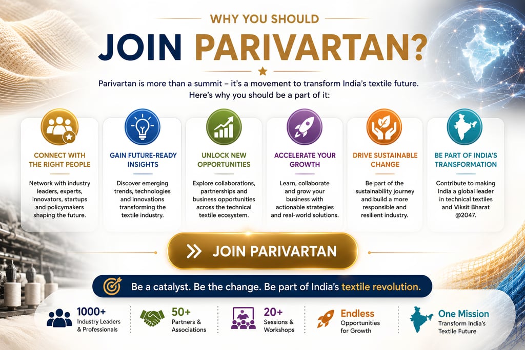 Infographic detailing reasons to join Parivartan, a summit for India's technical textile industry transformation.