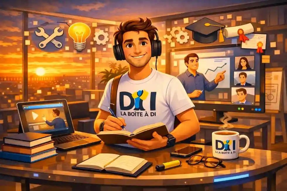 Dam combine formation et autodidacte à 19h, bureau futuriste au coucher du soleil, cours en ligne et apprentissage pratique.