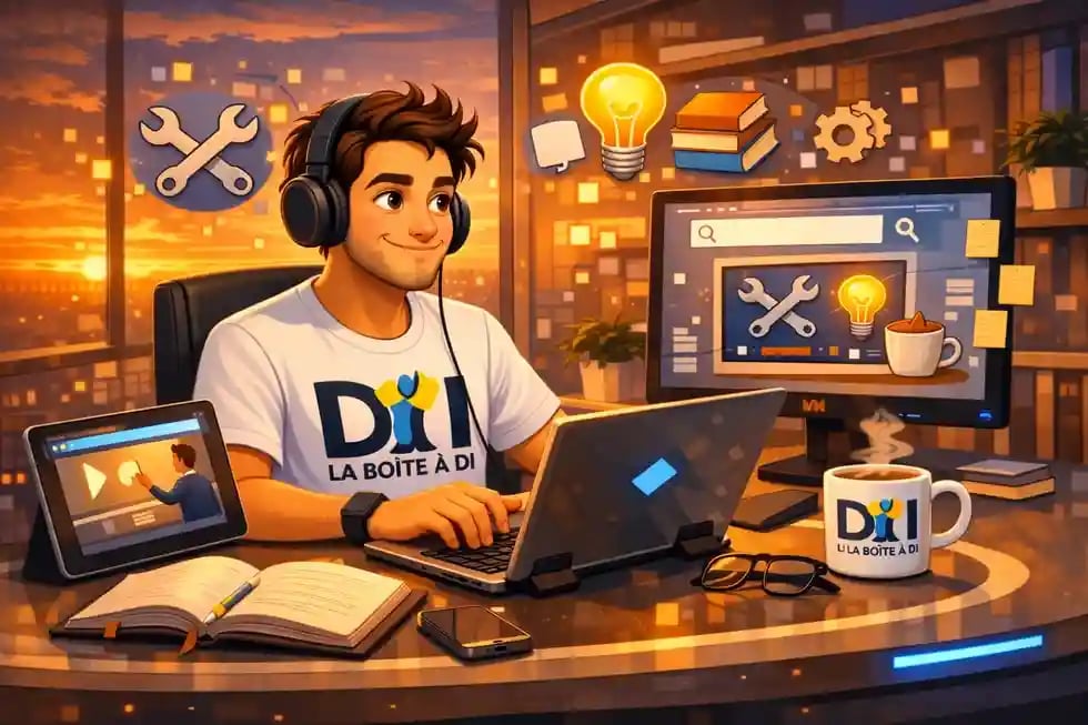 Dam apprend en autodidacte à 19h pour créer son activité en ligne, au coucher du soleil, tutoriels et outils.