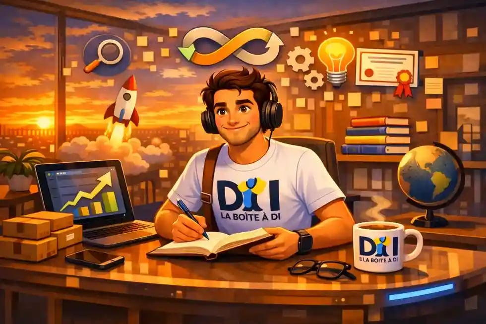 Dam entreprend et apprend en continu à 19h, bureau futuriste au coucher du soleil, livres et outils digitaux, progression.