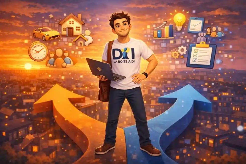 Dam au coucher du soleil hésite entre vie de famille et croissance business, illustre l’entrepreneuriat après 40 ans.