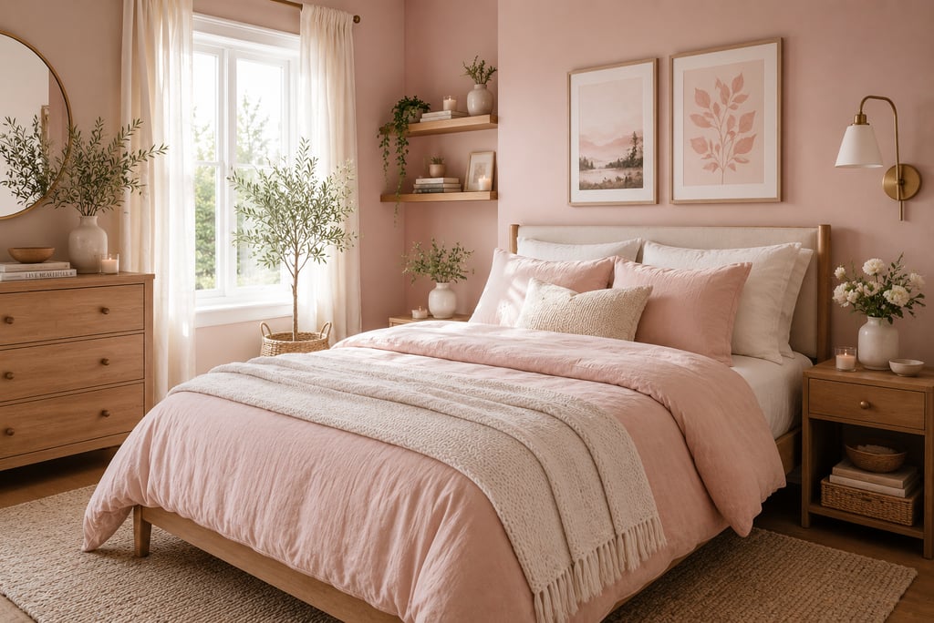 Blush pink bedroom styled with cream, warm white, and natural wood tones