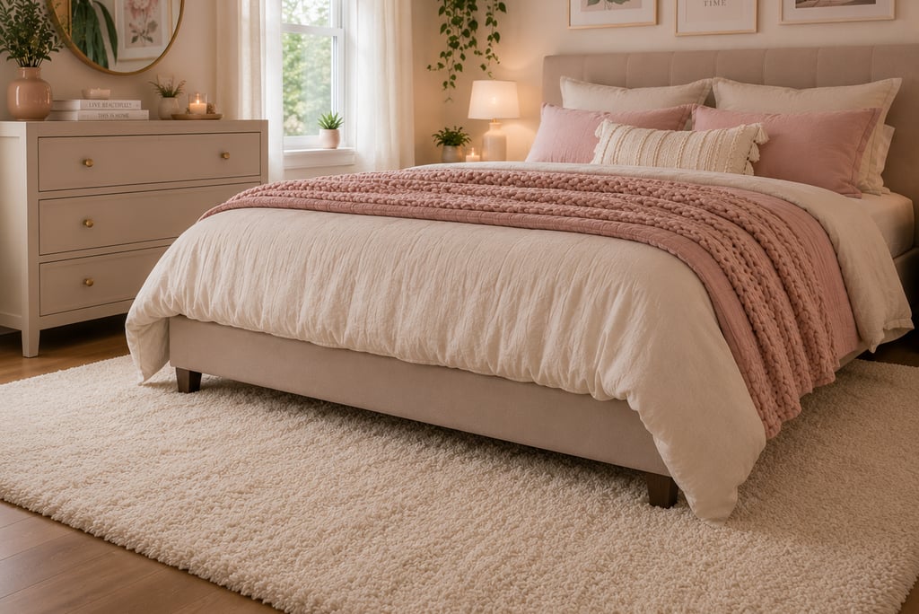 cute bedroom rug ideas with cream plush rug extending past bed frame