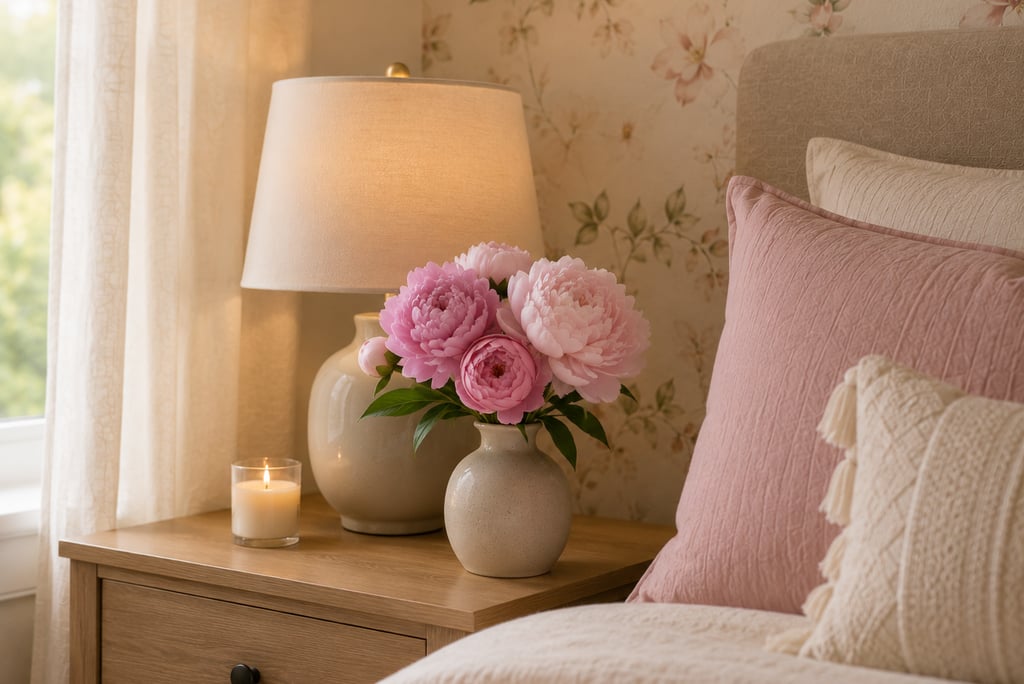 cute bedroom flower ideas with pink peonies in ceramic bud vase on nightstand