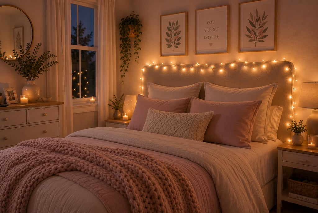 cute bedroom fairy light ideas around headboard with warm white glow