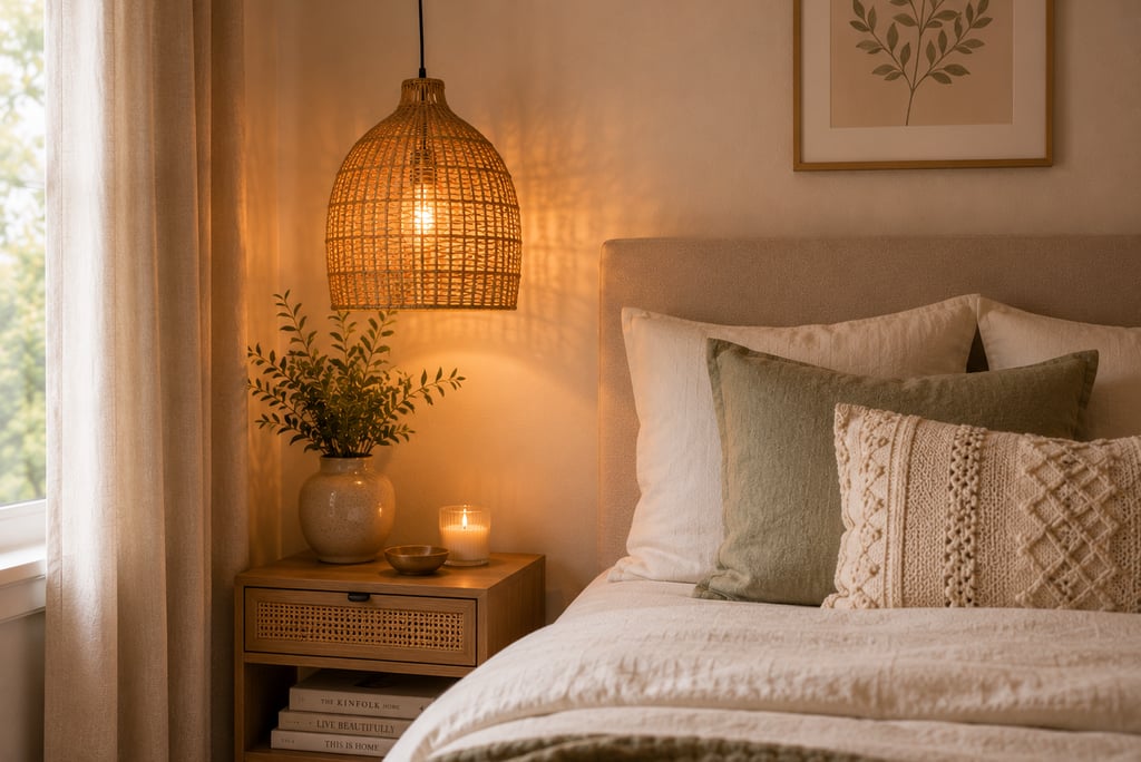 cute bedroom lighting ideas with rattan pendant lamp and warm light