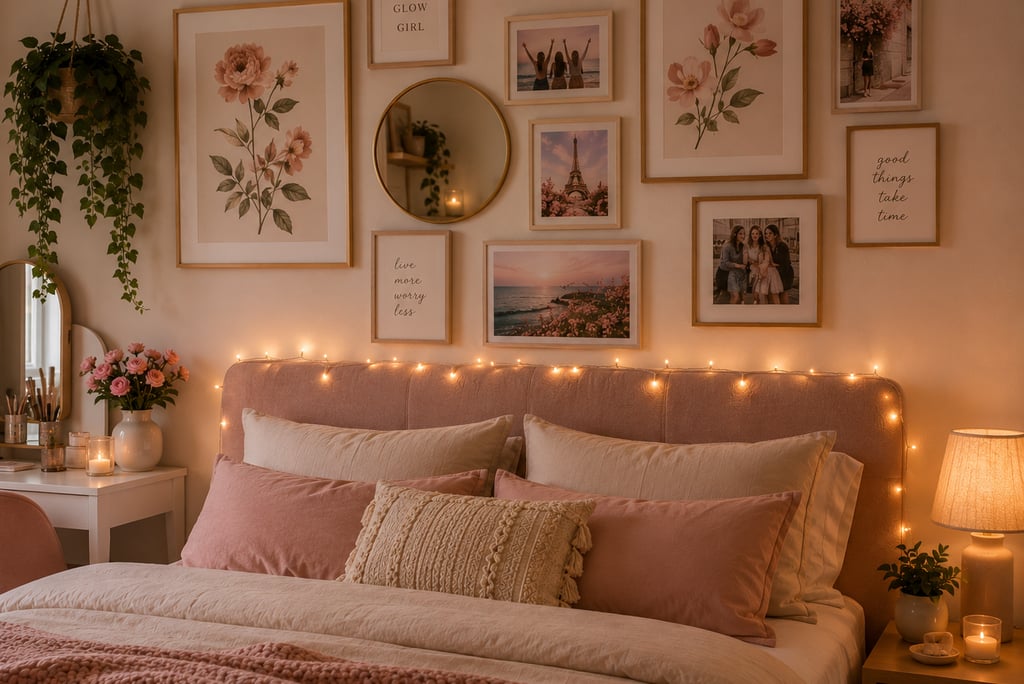 cute bedroom gallery wall ideas with botanical prints gold frames and round mirror