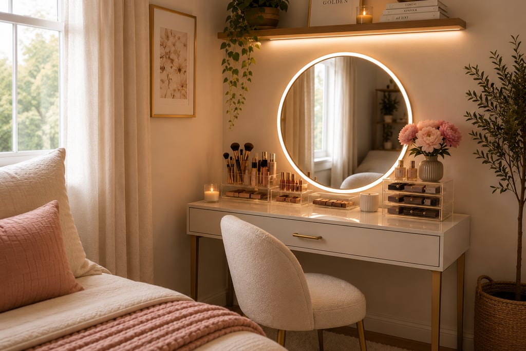 cute bedroom vanity ideas with round mirror and organized acrylic makeup trays