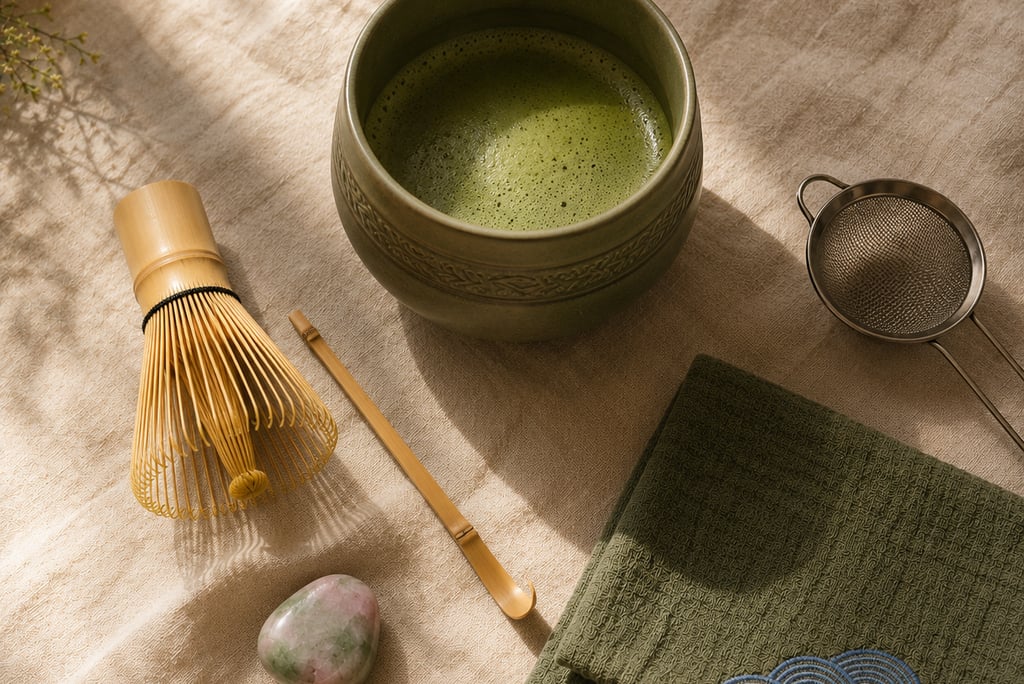 Essential tools included in a beginner matcha kit.