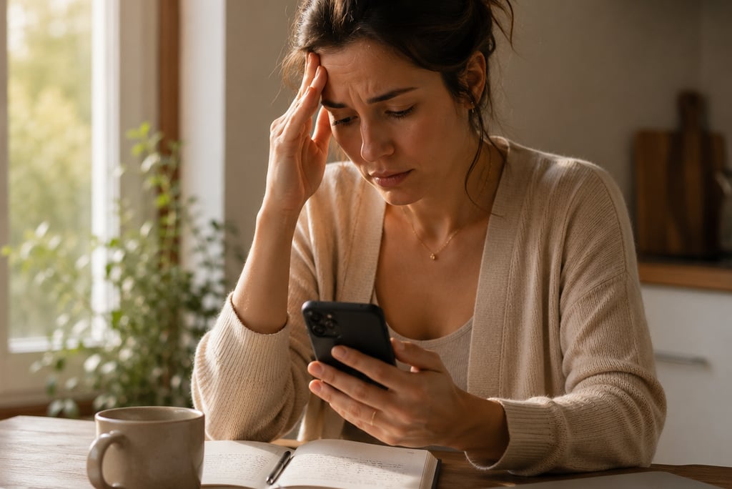 Woman feeling overwhelmed by notifications during a rushed morning.