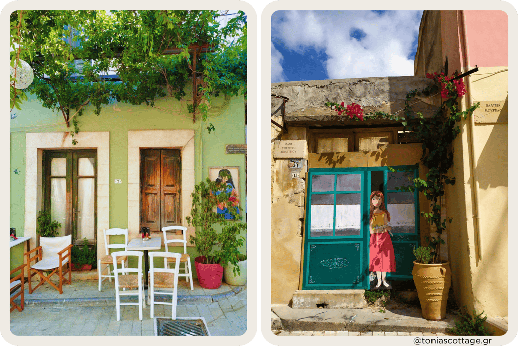 Vibrant street painting on the old stone streets of Archanes, showcasing the village's charm