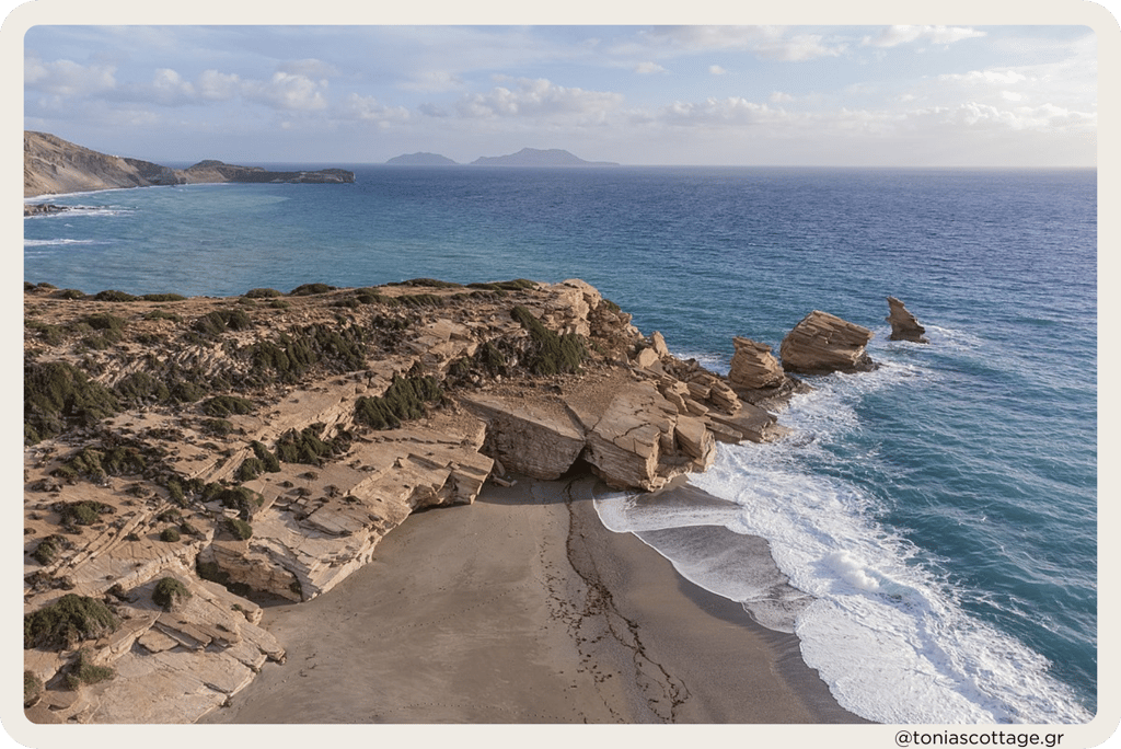 View of Triopetra Beach, Crete, Greece, showcasing its stunning rock formations and serene coastline