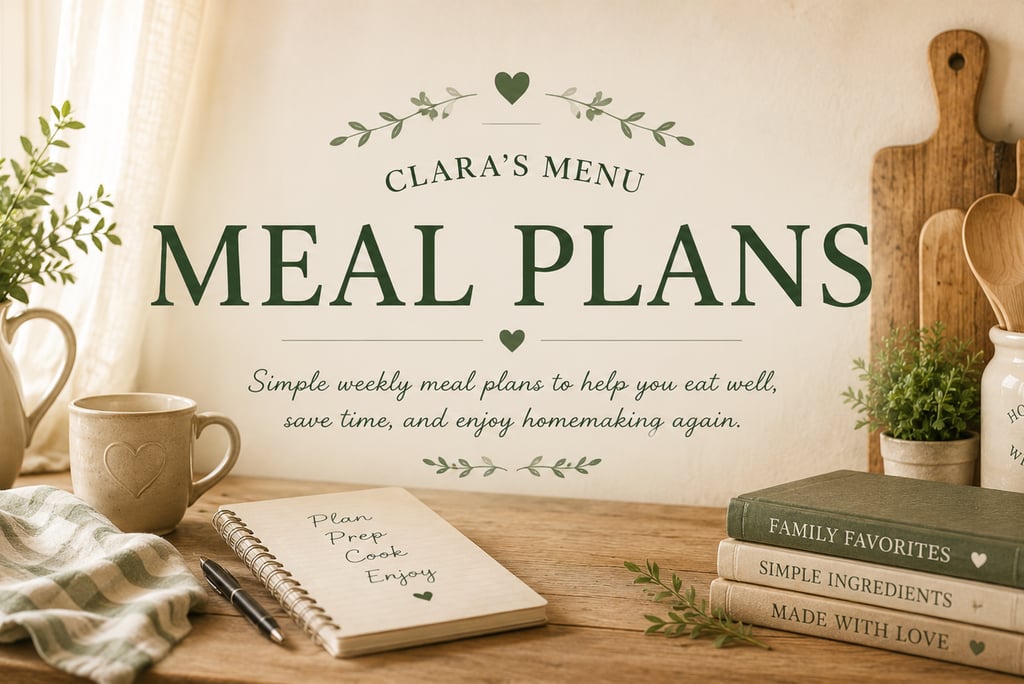 Weekly meal plans page featuring simple homemade meals, grocery lists, Sunday prep guides, and freez