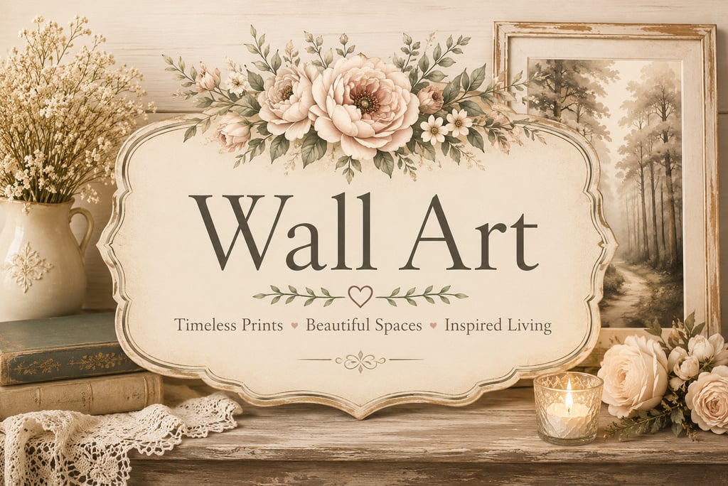 Elegant vintage wall art signage featuring botanical floral illustrations, a candle, and rustic home decor.