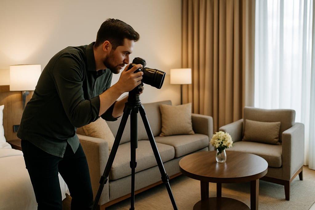 Seorang fotografer profesional sedang memotret fasilitas kamar hotel modern menggunakan kamera.