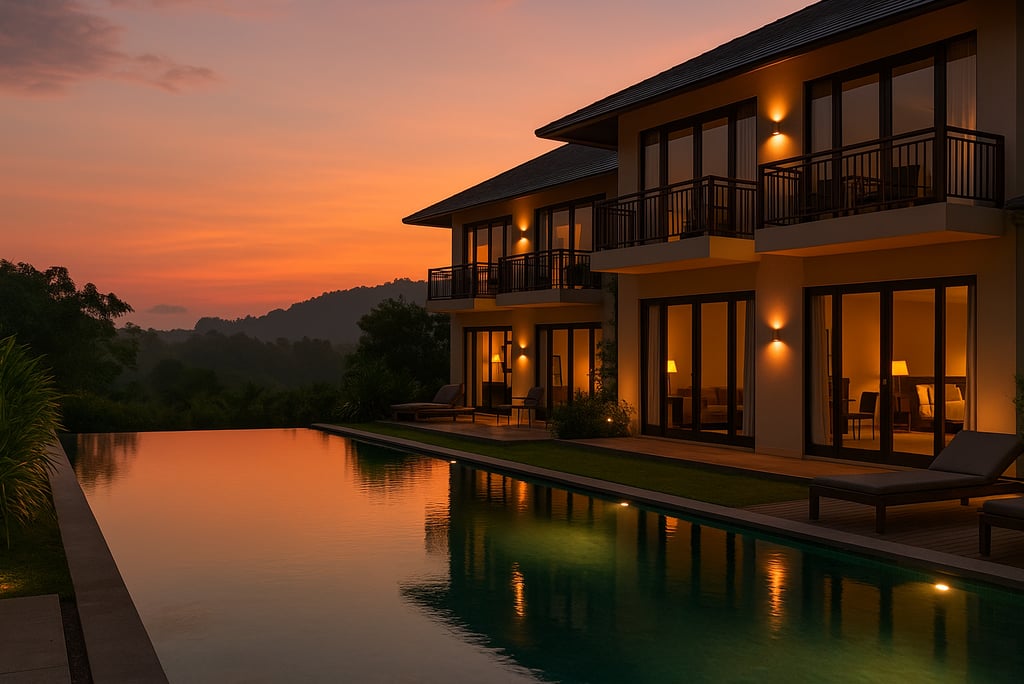 Eksterior villa modern dengan kolam renang saat matahari terbenam.