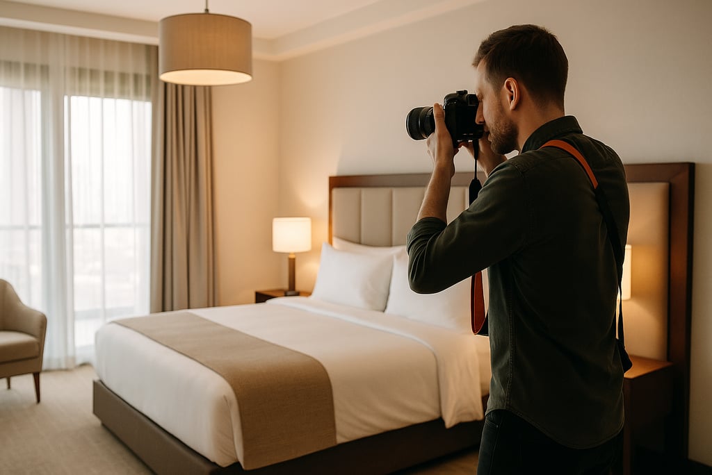 Seorang fotografer profesional sedang memotret kamar hotel modern dengan pencahayaan natural.