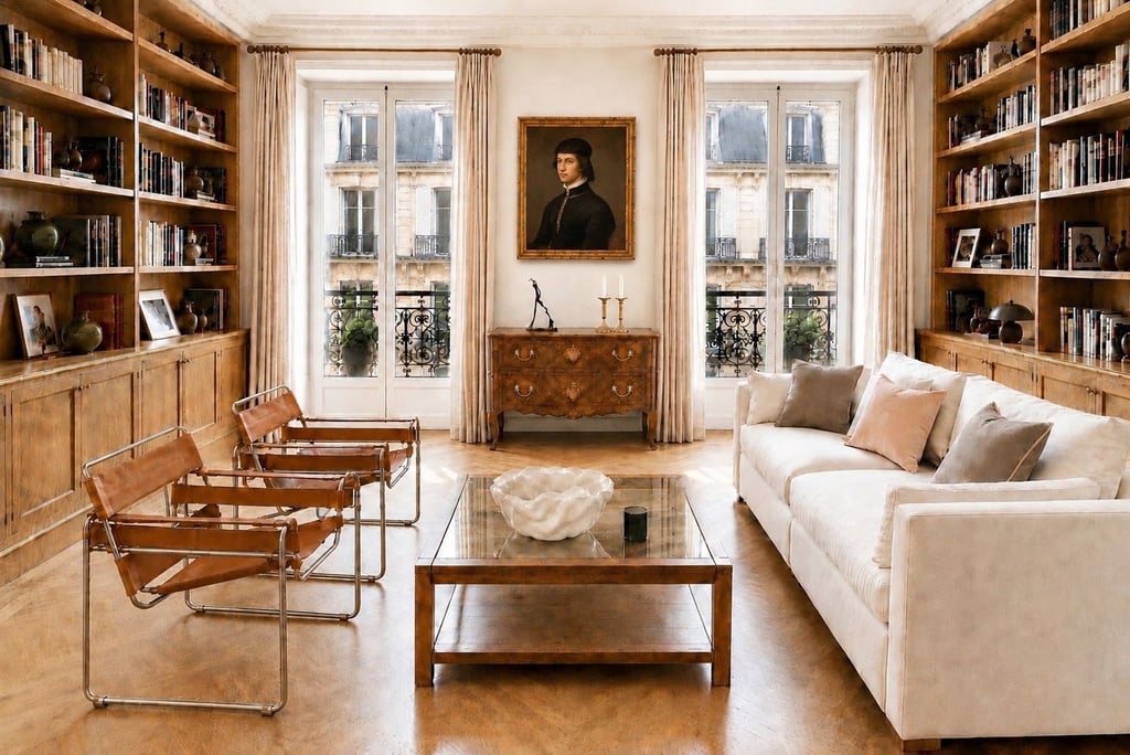 Salon haussmannien avec bibliothèques en bois, canapé blanc et fauteuils en cuir marron sur parquet.