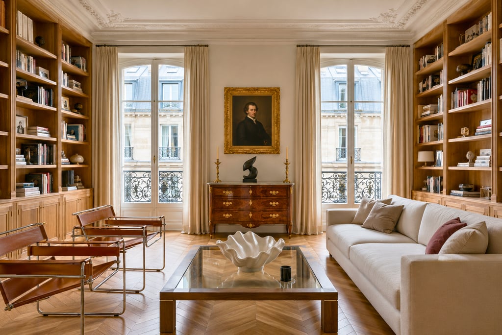 Salon haussmannien avec bibliothèques sur mesure et mobilier contemporain.