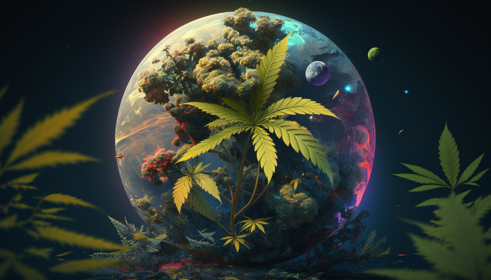 a view of earth from space with a cannabis leaf in front