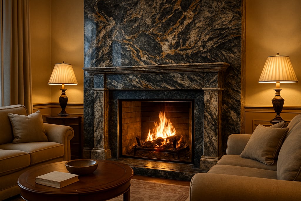 a living room with a leftover granite fireplace and a couch