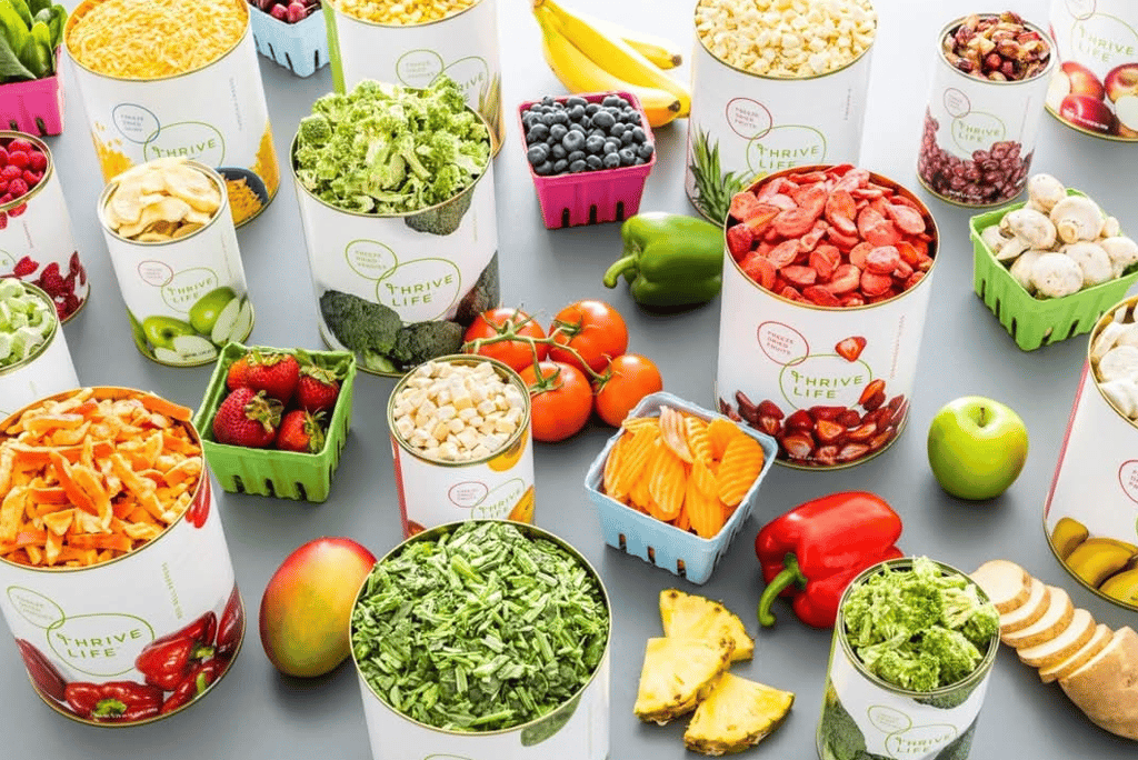 A stockpile of Thrive Freeze dried food cans opened along with fresh food