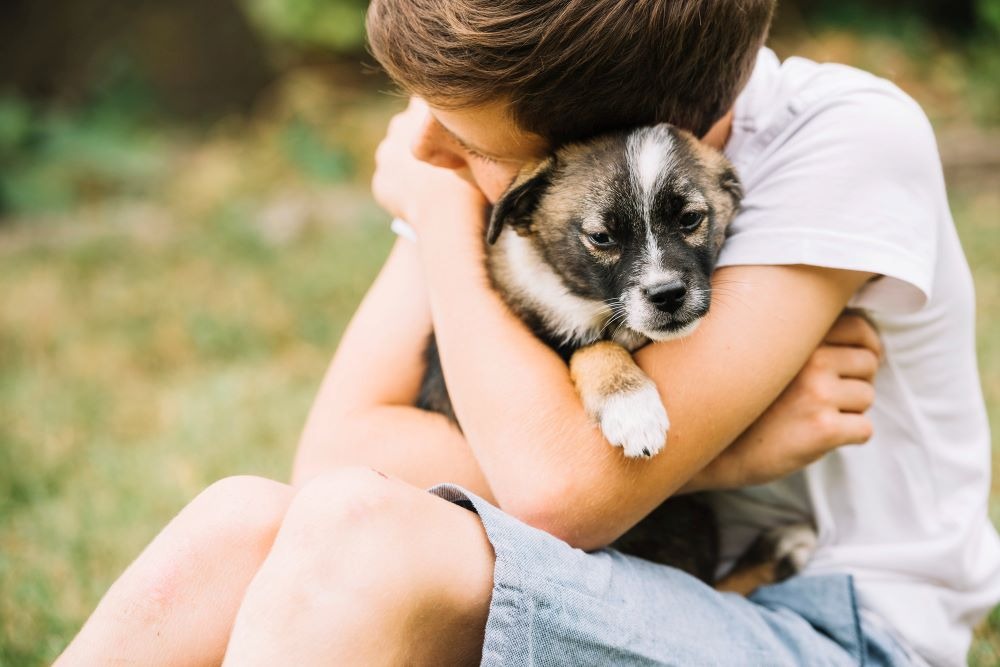 a boy is holding a puppy