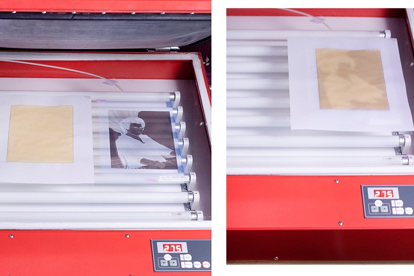 The print with the Platinum solution is placed in a press with UV light and the negative