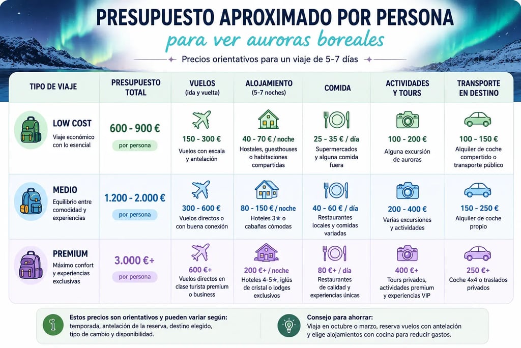 Infografía detallada sobre el presupuesto para ver auroras boreales con precios para viajes low cost, medio y premium.
