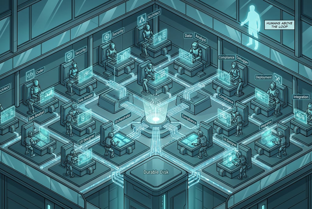 Futuristic isometric illustration of AI robots working at workstations in an automated data center.