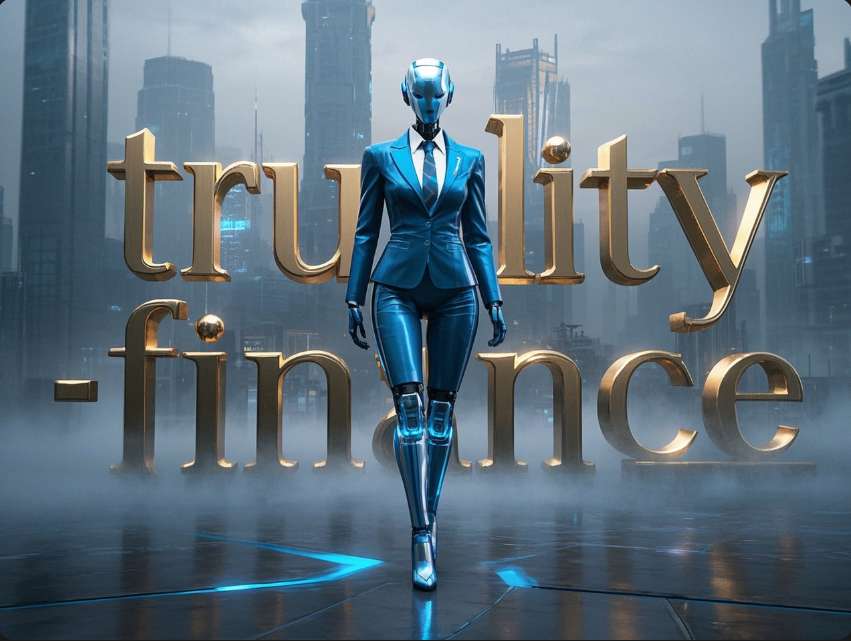 woman in a suit and tie standing in front of truality dot finance.