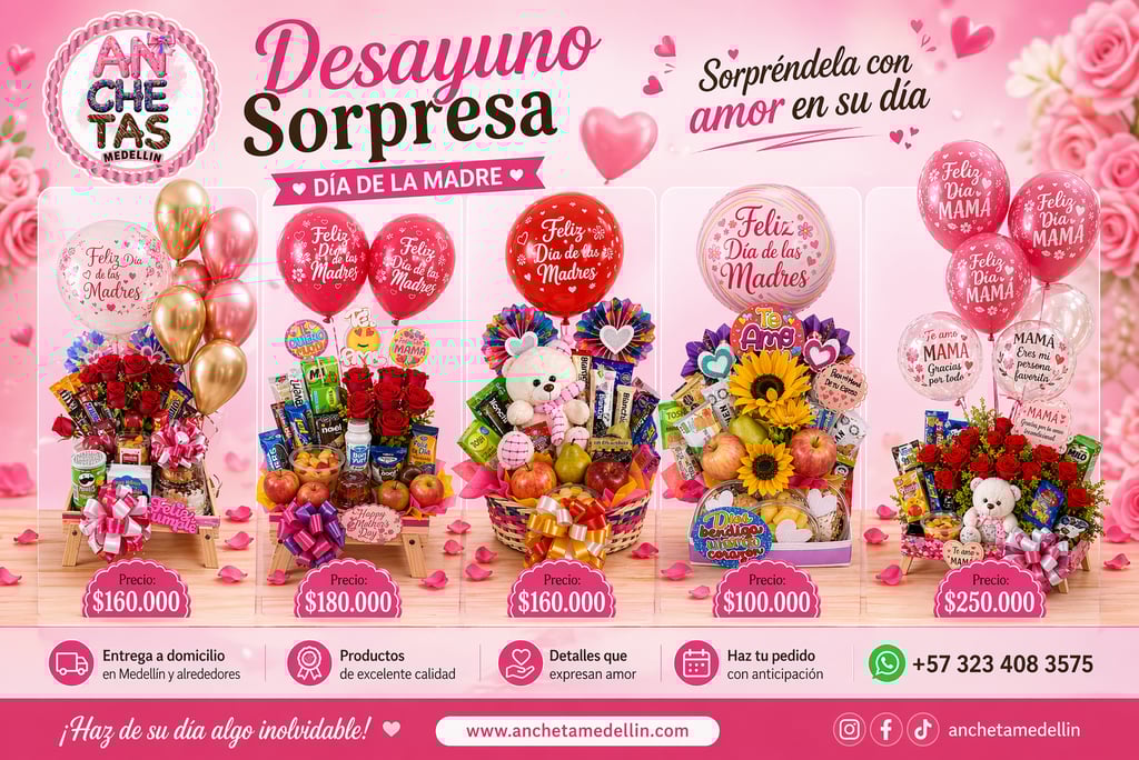 Anchetas de desayuno sorpresa para el Día de la Madre con globos, chocolates y flores en Medellín.
