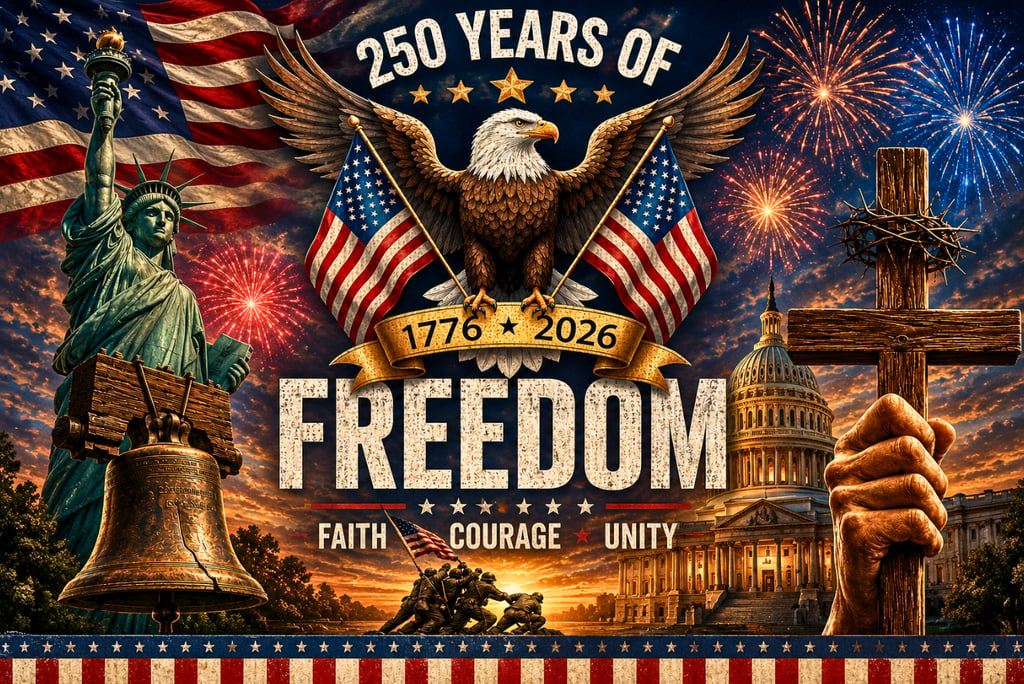 Patriotic America 250 image featuring the bald eagle, American flag, Liberty Bell, and symbols of fr