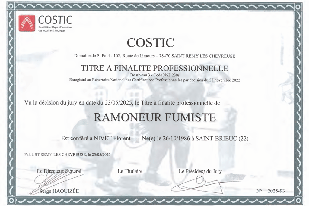 Diplôme ramoneur fumiste
