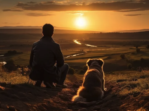 a man sitting on a hill with a dog