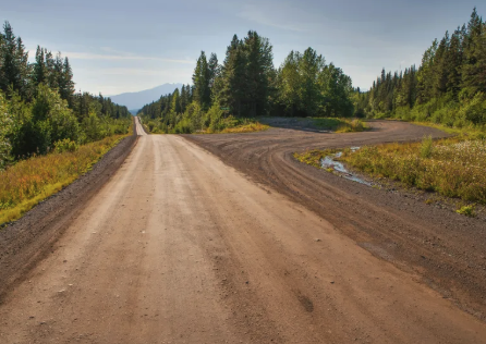 a dirt road with a dirt road and trees