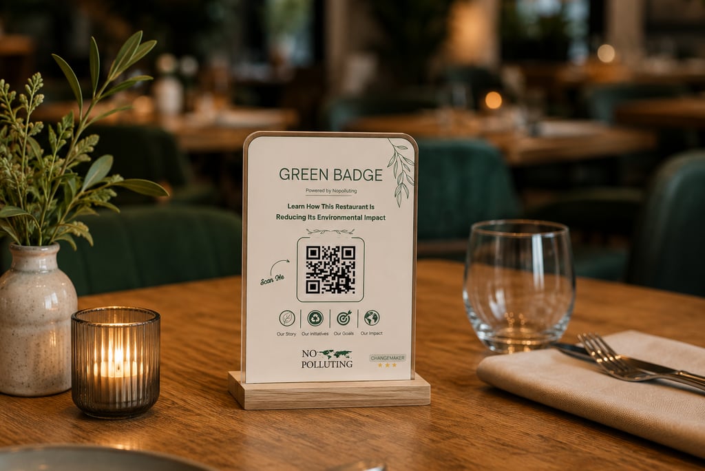 photo of nopolluting's green badge in a restaurant